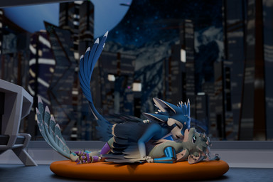 3_fingers 3_toes 4_ears all_fours anthro ball_joints biped blue_body blue_eyes blue_feathers building city claws curling_toes digitigrade duo eye_roll eyes_closed face_to_face facing_each_other feather_hair feathered_wings feathers feet female female_penetrated fingers from_front_position genitals half-closed_eyes hand_holding hand_on_back inside intimate lgbt_pride looking_pleasured lying lying_on_pillow male male/female male_penetrating male_penetrating_female missionary_position multi_ear narrowed_eyes night nude obscured obscured_penetration on_back on_bottom on_pillow on_top open_mouth paws penetration penis pillow planet pride_colors prosthetic prosthetic_arm prosthetic_leg prosthetic_limb pseudo_hair raised_tail robotic_arm robotic_leg sex skyline skyscraper spread_legs spreading tail teeth teeth_showing toes transgender_pride_colors window winged_arms wings beanthusiast korvyn zulie_(cyprena) avali 2026 3d_(artwork) absurd_res blender_(artwork) digital_media_(artwork) hi_res watermark