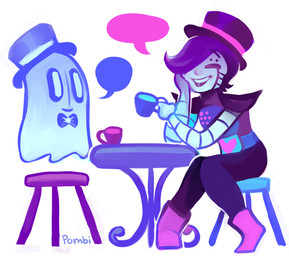 beverage bow_(feature) bow_tie clothing duo food hair hat headgear headwear machine not_furry tea top_hat pombi undertale undertale_(series) mettaton mettaton_ex napstablook android ghost humanoid robot spirit