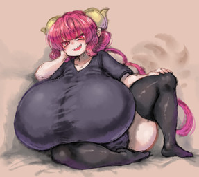 big_breasts breasts clothed clothing female hair horn huge_breasts humanoid_pointy_ears hyper hyper_breasts legwear lying on_side oversized_clothing oversized_topwear pink_hair pointy_ears shortstack skindentation solo thick_thighs thigh_highs topwear 2b-ge miss_kobayashi's_dragon_maid mythology ilulu animal_humanoid dragon dragon_humanoid horned_humanoid humanoid mythological_creature mythological_scalie scalie hi_res