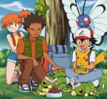 ambiguous_feral ambiguous_gender arthropod ash's_pikachu ash_ketchum black_hair blue_eyes brock_(pokemon) brown_hair butterfree caterpie clothed clothing dark_body dark_skin detailed_background eyes_always_closed eyes_closed female female_human feral food fully_clothed generation_1_pokemon group gym_leader hair human insect lepidopteran male male_feral male_human mammal metapod misty_(pokemon) nintendo on_model orange_hair outside pikachu pokemoa pokemon pokemon_(species) pokemon_trainer rodent