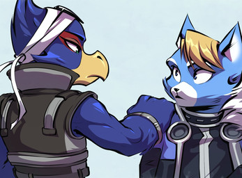 anthro black_clothing blue_body clothed clothing duo male uniform chilllum nintendo star_fox cool_(star_fox) falco_lombardi avian bird felid mammal