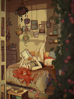 anthro bed bed_covers bedding bedroom bedroom_clothing birthmark blanket book dresser dresser_drawer female furniture hanging_plant lounging lying lying_on_bed markings on_bed open_book picture_frame pictures pillow plant plant_pot pots reading reading_book shadow shelf smile smiling_at_viewer solo hinotama nina_thumpings_(darkflamewolf) canid canine canis mammal wolf hi_res
