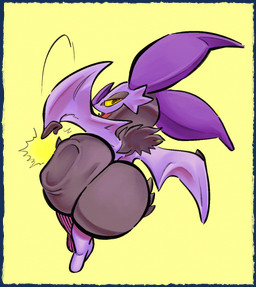 ambiguous_gender big_butt butt butt_slap huge_butt hyper hyper_butt looking_back open_mouth purple_body simple_background slap solo wings yellow_background yellow_eyes nondelismell nintendo pokemon bat generation_6_pokemon mammal noibat pokemon_(species) 2025 hi_res