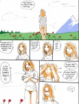 blush bottomless butt clothed clothing cloud comic damsel_(reiger) day dialogue english_text female field flower grass hair human mammal meadow mountain not_furry outside plant pubes red_hair reiger solo text