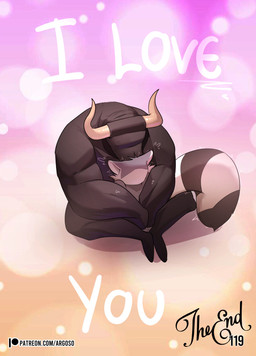 anthro anthro_on_anthro beard biped black_body black_fur black_nose bodily_fluids breasts duo engagement facial_hair female fur grey_body grey_fur horn hug i_love_you interspecies interspecies_romance love male male/female multicolored_tail nude nude_anthro nude_female nude_male simple_background sitting tail text the_end argosornstein ann_coon_(hgoldenbell) hercules_(argosornstein) bovid bovine cattle mammal procyonid raccoon absurd_res comic english_text hi_res