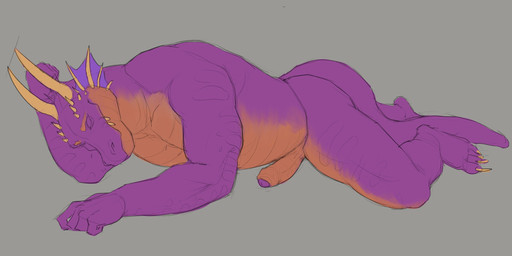 anthro cheek_frill erection eyes_closed foreskin genitals grey_background horn humanoid_genitalia humanoid_penis lying male male_anthro mouth_closed musclegut muscular muscular_anthro muscular_male nude on_front orange_body orange_penis overweight overweight_anthro overweight_male penis purple_body side_view simple_background sleeping solo yellow_horn aduran mythology dragon mythological_creature mythological_scalie scalie colored_sketch hi_res sketch