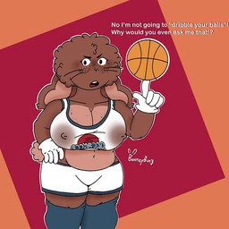 anthro areola areola_outline basketball big_breasts big_butt breasts brown_areola brown_body brown_fur brown_nipples butt clothed clothing dialogue female freckles fur navel nipple_outline nipples solo text thick_thighs bawnzybun alexandria(bawnzybun) lagomorph leporid mammal rabbit 1:1 english_text