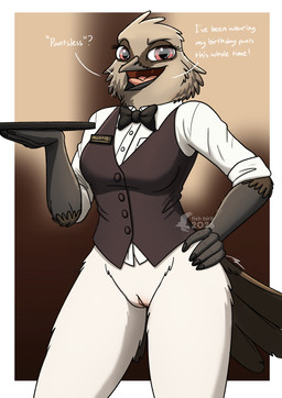 anthro bottomless bottomless_female bow_tie casual_exposure clothed clothing collared_shirt dress_shirt female genitals hand_on_hip looking_at_viewer name_tag pose rolled_up_sleeves shirt solo topwear vest vulva waiter waiter_suit waiter_tray waitress_uniform wide_hips fish_birb millie_(fish_birb) avian bird oscine passerine starling_(bird) absurd_res hi_res pinup