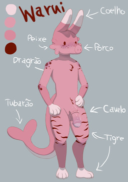 aged_up anthro arrow_pointing_to_ears arrow_pointing_to_foot arrow_pointing_to_penis arrow_pointing_to_tail biped blush body_blush chest_tuft dipstick_arms dipstick_ears dipstick_face directional_arrow ear_markings elbow_blush face_blush flaccid foreskin freckled_face freckles fur genitals gills glans glistening glistening_genitalia glistening_glans glistening_penis gloves_(marking) grey_background hand_on_hip hand_on_leg hand_on_thigh humanoid_genitalia humanoid_penis hybrid_genitalia hybrid_penis leg_markings looking_aside male male_anthro markings medial_ring medial_ringed_humanoid_penis medial_ringed_hybrid_penis mouthless multicolored_ears nude partially_retracted_foreskin penis penis_blush pink_body pink_fur plantigrade purple_glans rabbit_ears red_eyes red_stripes shark_tail simple_background simple_eyes socks_(marking) solo standing striped_body striped_markings stripes text three-quarter_view tuft white_paws mouselect mythology warui aquatic domestic_pig dragon equid equine felid fish horse hybrid lagomorph leporid mammal mythological_creature mythological_scalie pantherine rabbit scalie shark suid suine sus_(pig) tiger absurd_res digital_drawing_(artwork) digital_media_(artwork) digital_painting_(artwork) full-length_portrait hi_res model_sheet painting_(artwork) portrait portuguese_text translated