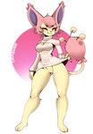 anthro blush bottomless bottomless_anthro bottomless_female breasts clothed clothing eyes_closed female front_view genitals pink_body pokemorph pussy smile solo yellow_body honowyn nintendo pokemon generation_3_pokemon pokemon_(species) skitty hi_res