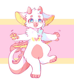 4_fingers 4_toes anthro balancing_on_foot blue_eyes chibi circle_eyebrows digitigrade eyebrows feathered_wings feathers featureless_crotch feet fingers fur handpaw hindpaw horn inner_ear_fluff male nude open_mouth open_smile pawpads paws pink_body pink_eyebrows pink_fur pink_horn pink_tongue simple_background smile solo tail tail_tuft toes tongue tuft white_body white_fur wings yellow_body yellow_fur yellow_inner_ear basilbxun mythology dragon furred_dragon furred_scalie mythological_creature mythological_scalie scalie digital_drawing_(artwork) digital_media_(artwork) full-length_portrait hi_res portrait shaded