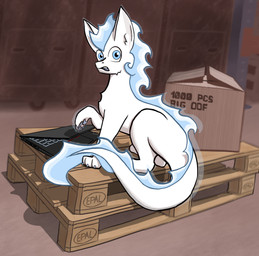 ambiguous_gender blue_eyes box cardboard cardboard_box caught_in_the_act claws computer container ears_up electronics epal feral fur laptop looking_at_viewer oof pawpads paws solo tail teeth text warehouse white_body funktionone mythology vibin dragon furred_dragon furred_scalie mythological_creature mythological_scalie scalie hi_res