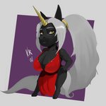 anthro big_breasts black_body black_fur breasts chibi clothing curvy_figure dress female fur hair horn looking_at_viewer red_clothing red_dress smile solo white_hair yellow_eyes korwuarts mythology olexa_vrane equid equine horse mammal mythological_creature mythological_equine unicorn 1:1 hi_res