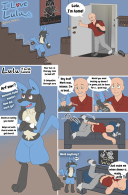 animal_noises anthro apartment bald bottomwear clothed clothed_human clothed_male clothing dialogue door duo flop fully_clothed fully_clothed_human fully_clothed_male furniture greeting heart_symbol level_number lying male male_human master movie_poster paneling pants petting scritches shirt shoes_removed sofa telepathy text tired topwear lucario-desu nintendo pokemon lulu_(lucario-desu) generation_4_pokemon human lucario mammal pokemon_(species) comic english_text hi_res