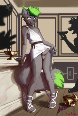 alcohol anthro balls being_watched belt beverage bite biting_lip blush bottomless claws clothed clothing dipstick_ears dipstick_tail drunk ear_markings embarrassed erection exhibitionism footwear foreskin genitals gold_(metal) green_ear_tips green_hair green_tail_tip grey_body hair inside looking_at_another looking_down looking_down_at_genitalia looking_down_at_penis male markings multicolored_ears party penis public roman rope rope_belt sandals shirt shoes smile solo standing substance_intoxication tail tail_markings toe_claws toga topwear tunic white_clothing wine winged_shoes sunhuiz ling canid canine mammal 2026 absurd_res hi_res signature
