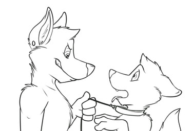 4_fingers anthro arm_tuft cheek_tuft chest_tuft collar dominant dominant_male duo ear_piercing ears_back eye_contact eyebrows facial_tuft fingers fur grin head_tuft holding_leash holding_object hypnosis leash leash_pull looking_at_another male male/male mind_control neck_tuft nude piercing pink_tongue pivoted_ears shoulder_tuft side_view smile spiral spiral_eyes submissive submissive_male teeth tongue tongue_out tuft rotten_robbie robbie_(rotten_robbie) canid canine canis mammal wolf black_and_white bust_portrait line_art monochrome portrait