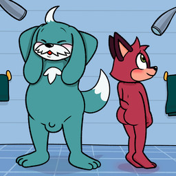 anthro balls bathing belly big_butt blue_body blue_fur blush butt chest_tuft dipstick_tail duo eyes_closed facial_hair facial_markings flaccid floppy_ears fur genitals green_eyes hands_behind_head head_markings male male/male markings mature_male mustache overweight overweight_male penis raised_arms red_body red_fur short_tail shower_head showering showering_together small_penis standing tail tail_markings towel tuft white_body white_fur nishi_oxnard sega sonic_the_hedgehog_(series) the_murder_of_sonic_the_hedgehog barry_(sonic) conductor_(sonic) canid canine canis domestic_dog macropod mammal marsupial quokka 1:1