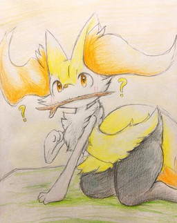 3_fingers :3 ambiguous_anthro ambiguous_gender anthro arm_tuft bent_over big_tail biped black_body black_fur blush blush_lines cheek_tuft dipstick_tail facial_tuft fingers fur hip_tuft inner_ear_fluff kneeling markings mouth_hold multicolored_body multicolored_fur nude_ambiguous nude_anthro orange_body orange_eyes orange_fur orange_inner_ear_fluff orange_tail_tip pointy_ears prick_ears quadruped question_mark shoulder_tuft side_view simple_background solo stick stick_in_mouth tail tail_markings tapering_snout tuft white_body white_fur yellow_body yellow_fur yellow_tail eiroru nintendo pokemon braixen canid generation_6_pokemon mammal pokemon_(species) 2018 colored colored_pencil_(artwork) graphite_(artwork) hi_res japanese_description portrait three-quarter_portrait traditional_media_(artwork) translated_description