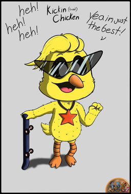 anthro black_border border eyewear glasses male skateboard solo standing text vehicle young somestickygoo mob_entertainment poppy_playtime smiling_critters kickinchicken avian bird chicken galliform phasianid absurd_res english_text hi_res shaded