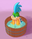 anthro balls bathing biped blue_eyes claws fangs flaccid foreskin genitals green_body humanoid_genitalia humanoid_penis looking_at_viewer male mohawk nude partially_submerged penis shell simple_background sitting solo spiked_shell spikes spikes_(anatomy) teeth toe_claws young young_anthro young_male ajin mario_bros nintendo koopaling larry_koopa koopa scalie 2025 hi_res