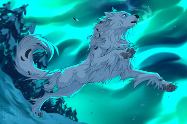 ambiguous_gender aurora_(phenomenon) black_nose blue_eyes claws feathers feral forest fur glowing glowing_eyes grey_pawpads jumping low-angle_view night open_mouth pawpads plant snout snow solo tail tree white_body white_fur white_tail azzai canid canine canis mammal wolf 2025 3:2 colored digital_drawing_(artwork) digital_media_(artwork) shaded