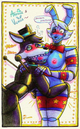 anthro big_breasts big_butt bite bow_tie breasts butt claws clothing drunk duo female female/female hair hat headgear headwear heart_symbol machine nipples star substance_intoxication text tunk_saray_lovesta five_nights_at_freddy's scottgames anubisa prophecyx vanilla_(tunk_saray_lovesta) animatronic canid canine canis domestic_dog lagomorph leporid mammal rabbit robot wolf absurd_res hi_res spanish_text
