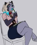 anthro beverage blonde_hair blouse blue_eyes blue_highlights blue_tongue bottomwear chair clothed clothing coffee collar crossed_legs eyewear female fully_clothed fur furniture glasses grey_body grey_fur hair highlights_(coloring) looking_at_viewer necktie on_chair open_mouth pencil_skirt sitting skirt smug solo tongue topwear bluebun bovid canid canine canis caprine domestic_dog goat mammal absurd_res hi_res