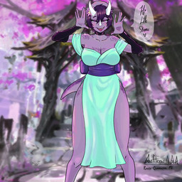 anthro big_breasts blush breasts choker clothed clothed_anthro clothed_female clothing detailed_background dialogue dress eyelashes facial_horn fantasy_slur female fingers freckled_breasts freckled_hips freckled_shoulders freckled_tail freckles frill_(anatomy) front_view green_clothing green_dress hair half-closed_eyes heart_symbol horn jewelry long_eyelashes looking_at_viewer medium_hair narrowed_eyes necklace non-mammal_breasts open_mouth purple_body purple_hair slit_dress solo speech_bubble standing tail talking_to_viewer tapering_tail taunting text anfitrionaaa vev_(purplekatsnek) ceratopsian ceratopsid chasmosaurine dinosaur marginocephalian ornithischian prehistoric_species reptile scalie triceratops 1:1 absurd_res artist_name colored hi_res