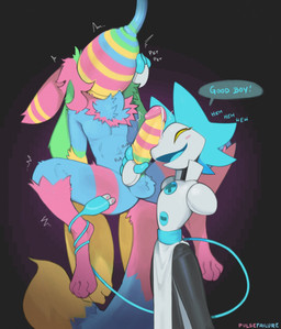 anthro balls bodily_fluids circumcised cum dialogue duo female genital_fluids genitals humanoid_genitalia humanoid_penis male motion_lines penis praise precum speech_bubble text pulsefailure deltarune undertale_(series) tasque_manager werewire english_text hi_res