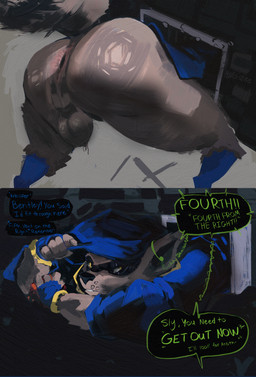 anthro balls big_butt butt clothed clothing crawling dialogue fur genitals male male/male nude penis simple_background solo stuck tail text through_wall yo_zee sly_cooper_(series) sony_corporation sony_interactive_entertainment sucker_punch_productions sly_cooper mammal procyonid raccoon absurd_res comic digital_media_(artwork) english_text hi_res huge_filesize