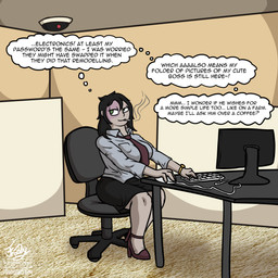 accessory birthmark bottomwear breasts carpet chair cigarette clock clothing computer computer_mouse cubicle desk electronics footwear furniture green_eyes high_heels human_transformation keyboard markings necktie office office_chair office_clothing reality_shift reverse_transformation security security_camera shirt shoes sitting skirt table text thought_bubble topwear transformation transformation_sequence watch frooby human mammal 1:1 absurd_res digital_media_(artwork) english_text hi_res signature