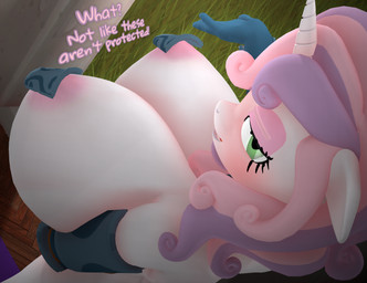 animal_ears anthro anthrofied areola armwear big_breasts breasts clothed clothing dialogue eyelashes female green_eyes hair horn huge_breasts multicolored_hair pink_hair pupils purple_hair smile solo text white_body purplefondue friendship_is_magic hasbro my_little_pony mythology sweetie_belle_(mlp) equid equine mammal mythological_creature mythological_equine unicorn 3d_(artwork) digital_media_(artwork) english_text hi_res