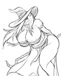 anthro big_breasts breasts cleavage clothed clothing female hair hair_over_eye hands_behind_back hat headgear headwear huge_breasts leaning leaning_forward looking_at_viewer magic_user one_eye_obstructed skimpy smile solo staff wide_hips wind witch_hat jwinkz dragon's_crown vanillaware amara_(jwinkz) sorceress_(dragon's_crown) bear mammal hi_res monochrome