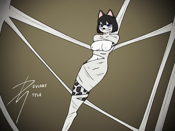 anthro arthropod_webbing bdsm black_hair blue_eyes bondage bound bound_and_gagged breasts exposed_breasts female fur gag gagged hair markings midriff nipples solo spider_web spots spotted_body spotted_fur struggling web_bondage white_body white_fur deviantstyle argent_(reysilverskin) felid feline leopardus mammal margay 2d_animation 4:3 animated animated_gif frame_by_frame short_playtime