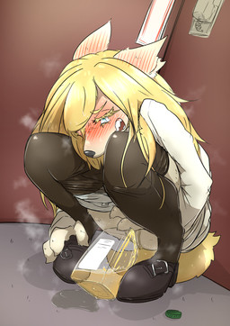 accident anthro blonde_hair blue_eyes blush bodily_fluids clothed clothing crouching desperation embarrassed female fur genital_fluids hair half_clothed legwear open_mouth peeing peeing_into_container peeing_on_ground solo steam steaming steaming_body stockings stockings_down underwear urine urine_on_ground wetting yellow_body yellow_fur mttbsmn canid canine canis domestic_dog mammal absurd_res hi_res