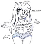 anthro big_breasts blush bottomwear breasts choker cleavage clothed clothing collar dialogue female gesture jewelry navel necklace shirt shorts shrug simple_background solo standing text text_on_clothing text_on_shirt text_on_topwear topwear vulgar white_background auntymoira sega sonic_the_hedgehog_(series) purity_the_hedgehog eulipotyphlan hedgehog mammal english_text hi_res