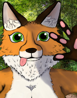 anthro bald big_ears big_eyes black_ears breasts cleavage clothed clothing fluffy forest forest_background fur green_eyes happy male nude orange_body orange_fur pink_paws plant solo tongue tongue_out tree white_body white_fur jukolapp canid canine fox mammal hi_res