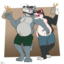 4_toes 5_fingers abstract_background alcohol anthro arm_around_shoulders armpit_hair barefoot beard beer belly beret beverage big_belly black_body black_fur black_nose blue_clothing blue_underwear blush body_hair boxer_briefs bulge chain chest_tuft claws clothed clothing collar container cup drunk duo eye_scar eyes_closed facial_hair facial_scar feet fingers fur green_clothing green_underwear grey_body grey_fur hand_on_belly hat headgear headwear holding_container holding_cup holding_object inner_ear_fluff male multicolored_body multicolored_fur navel obese open_mouth overweight overweight_male plantigrade red_body red_fur scar simple_background smile sound_effects squeezing substance_intoxication teeth toe_claws toes topless tuft two_tone_body two_tone_fur underwear white_body white_fur tanio kontra yenoc canid canine canis domestic_dog husky mammal nordic_sled_dog spitz wolf 1:1 2015 digital_media_(artwork) hi_res signature