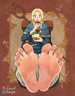 5_toes backpack barefoot blonde_hair bowl clothed clothing container cutlery eating feet female fingers food foot_focus hair humanoid_feet humanoid_pointy_ears kitchen_utensils light_body light_skin melee_weapon not_furry plantigrade pointy_ears polearm soles solo spoon toes tools weapon lewdsaiga delicious_in_dungeon marcille_donato elf humanoid 2024 signature