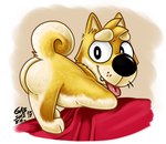 anthro black_eyes black_nose butt fur male nude orange_body orange_fur red_cloth smile solo tan_body tan_fur teeth_showing tongue tongue_out tongue_showing whiskers gabshiba gab_(comic) gab_shiba canid canine canis domestic_dog mammal shiba_inu spitz 2017 signature