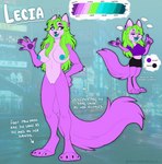 anthro blue_eyes blue_mouth blue_nipples blue_nose blue_tongue bottomwear clothing cougar digitigrade english_text felid feline female fur green_hair hair hi_res lecia mammal model_sheet nipples pantherine purple_body purple_fur shirt shorts solo text tongue topwear vulturewings