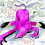 5_fingers anthro ass_up blue_eyes bodily_fluids butt clothing dialogue fingers footwear footwear_only group looking_at_viewer male mostly_nude nude one_eye_closed pink_body speech_bubble sweat text tongue tongue_out wink rexalogy little_king_john mammal murid murine rat rodent 1:1 english_text