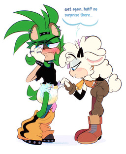 anthro biped blue_eyes blush bodily_fluids bottomwear bottomwear_down clothed clothing dialogue diaper diaper_check diaper_peekage diaper_under_clothing duo ear_piercing ear_ring embarrassed exposed_diaper female female/female genital_fluids gloves green_body handwear humiliation looking_away pants pants_down partially_clothed pattern_diaper piercing presenting_diaper ring_piercing speech_bubble text unclean_diaper urine used_diaper wearing_diaper wet_diaper wetness_indicator white_body loonypie idw_publishing sega sonic_the_hedgehog_(comics) sonic_the_hedgehog_(idw) sonic_the_hedgehog_(series) lanolin_the_sheep_(sonic) surge_the_tenrec afrosoricid bovid caprine mammal sheep tenrec 2026 digital_drawing_(artwork) digital_media_(artwork) english_text hi_res
