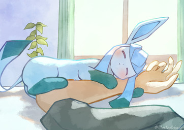 ambiguous_gender blue_body blush duo eyes_closed feral hugging_arm lying on_side paws plant sleeping tail chaco_(illustrattyako) nintendo pokemon eeveelution generation_4_pokemon glaceon human mammal pokemon_(species) 2025 absurd_res hi_res signature