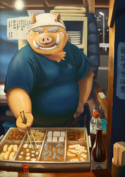 anthro belly brown_body clothing detailed_background food humanoid_hands kemono male night overweight overweight_male shirt solo text topwear kyasyuu mammal suid suine sus_(pig) wild_boar 2015 hi_res japanese_text