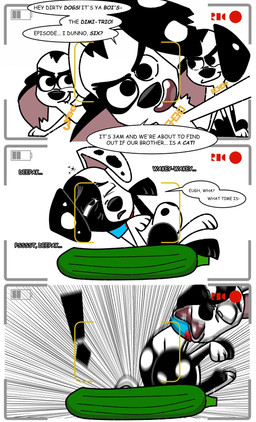 black_ears blue_collar collar cucumber dialogue feral food fruit gold_(metal) gold_collar group male metal_collar notched_ear pants_(marking) plant prank recording red_collar text toony trio two_tone_collar two_tone_face redundantmodule 101_dalmatian_street 101_dalmatians disney deepak_(101_dalmatians) dimitri_1_(101_dalmatians) dimitri_2_(101_dalmatians) dimitri_3_(101_dalmatians) dimitri_trio_(101_dalmatians) canid canine canis dalmatian domestic_dog mammal comic english_text hi_res