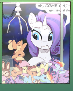 blue_eyes claw_machine dialogue eyebrows eyeshadow female feral fur hair hooves horn long_hair makeup motion_lines plushie purple_hair solo speech_bubble talking_feral teeth text unicorn_horn white_body white_fur rnghat friendship_is_magic hasbro my_little_pony mythology applejack_(mlp) fluttershy_(mlp) rainbow_dash_(mlp) rarity_(mlp) twilight_sparkle_(mlp) equid equine labubu mammal mythological_creature mythological_equine unicorn absurd_res english_text hi_res