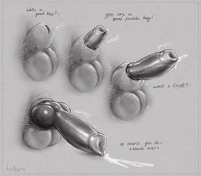 animal_genitalia animal_penis balls becoming_erect bodily_fluids canine_genitalia canine_penis close-up cum dialogue ejaculation erection feral genital_fluids genitals good_boy hands-free knot knot_in_sheath knotted_penis male penis praise praise_kink precum profanity sheath simple_background solo spontaneous_ejaculation text unsheathing tailbyte canid canine canis domestic_dog mammal absurd_res digital_media_(artwork) english_text hi_res monochrome sequence shaded signature