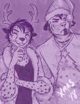 clothing duo female holidays laugh male smile stripes whiskers beleoci christmas edron_(mr-yiffy) eva_(mr-yiffy) cheetah felid feline mammal pantherine tiger absurd_res hi_res