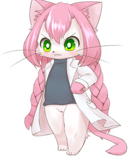 anthro barefoot blush bottomless braided_hair clothed clothing coat feet female fur genitals green_eyes hair lab_coat loli long_hair pigtails pink_body pink_fur pink_hair simple_background solo standing topwear twin_braids vulva whiskers white_background young young_anthro young_female bunnag cat_busters neko_hakase domestic_cat felid feline felis mammal digital_media_(artwork) hi_res shaded